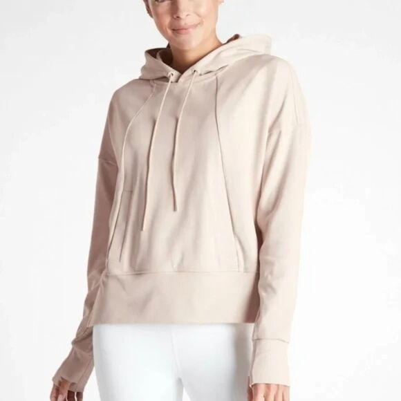Athleta Womens Mission Hoodie Beige Pullover Thumb Holes High Low Hem Size Small - Picture 1 of 9